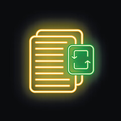 Poster - Glowing neon icon of digital documents being updated with two green circular arrows on a black background