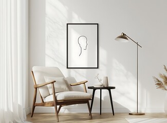 Wall Mural - A stylish Scandinavian living room with white walls and a dark wooden side table