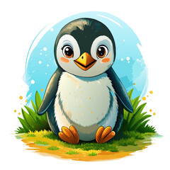 Wall Mural - Vector illustration of a baby penguin on the grass on white background - Generative AI
