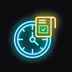 Poster - Neon sign illustrating a clock overlapping a checked document, symbolizing the importance of time management and meeting deadlines