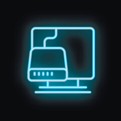 Poster - Glowing neon icon of a computer connecting to an external hard drive for data storage, backup, and transfer