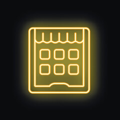 Poster - yellow glowing neon sign representing a smartphone showing an app interface with buttons, on a dark 