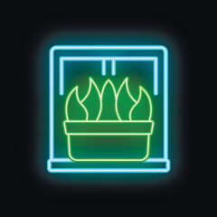 Poster - Bright green neon sign depicting a fireplace with a fire burning inside on a black background