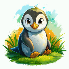 Wall Mural - Vector illustration of a baby penguin on the grass on white background - Generative AI
