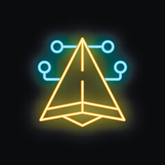 Poster - yellow neon style icon of a paper airplane flying around a network, representing global communicatio