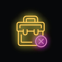 Poster - Glowing neon briefcase with a bright cross mark, symbolizing business failure
