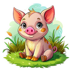 Wall Mural - Vector illustration of a baby piglet on the grass on white background - Generative AI
