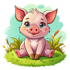 Wall Mural - Vector illustration of a baby piglet on the grass on white background - Generative AI
