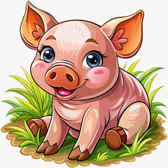 Wall Mural - Vector illustration of a baby piglet on the grass on white background - Generative AI
