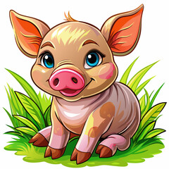 Wall Mural - Vector illustration of a baby piglet on the grass on white background - Generative AI

