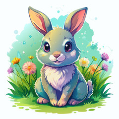 Wall Mural - Vector illustration of a baby rabbit on the grass on white background - Generative AI
