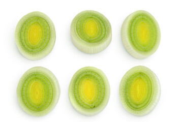 Wall Mural - sliced Leek vegetable isolated on white background. Top view. Flat lay