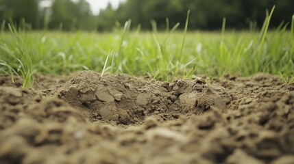 Wall Mural - Close-up of rich brown soil with emerging green grass.