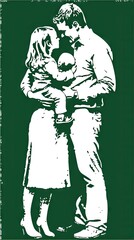 Wall Mural - Family portrait, parents embracing baby, green background, love, family unity