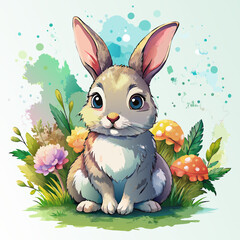 Wall Mural - Vector illustration of a baby rabbit on the grass on white background - Generative AI
