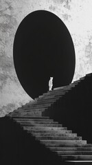 Poster - A lone figure climbs a stairway, framed by a large circular void in the backdrop. This minimalist setting captures a moment of curiosity and exploration, evoking a sense of intrigue