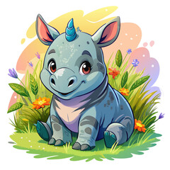 Wall Mural - Vector illustration of a baby rhinoceros on the grass on white background - Generative AI
