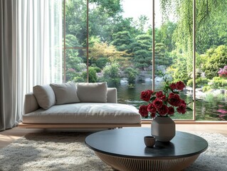 Wall Mural - A white couch is in front of a window with a view of a pond. A vase of red roses sits on a coffee table in front of the couch