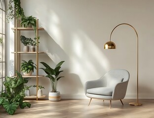 Wall Mural - Simple and modern Scandinavian living room interior with a blank white wall, grey armchair, golden floor lamp, shelf of plants on the left, and natural wooden flooring