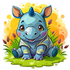 Wall Mural - Vector illustration of a baby rhinoceros on the grass on white background - Generative AI
