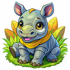 Wall Mural - Vector illustration of a baby rhinoceros on the grass on white background - Generative AI
