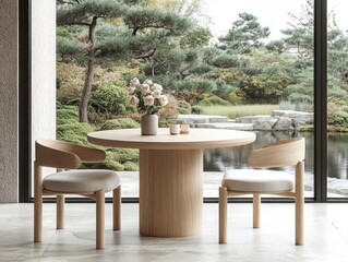 Wall Mural - A wooden table with two chairs and a vase of flowers on it. The chairs are white and the table is round