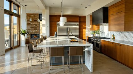 Poster - Spacious modern kitchen featuring wooden cabinets, marble countertops, stainless steel appliances, and large island with abundant natural light.