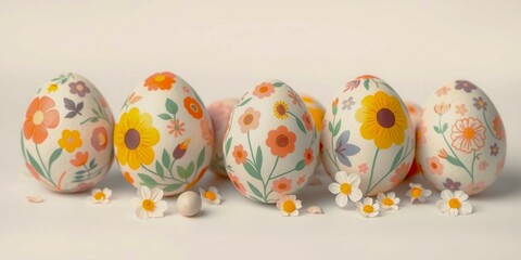 Wall Mural - A row of painted eggs with flowers on them are sitting on a table with some flowers. The eggs are arranged in a neat row, with some of them overlapping each other