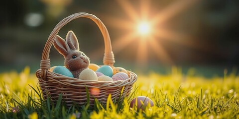 Wall Mural - A basket full of Easter eggs is sitting on a grassy field. A stuffed rabbit is sitting in the basket