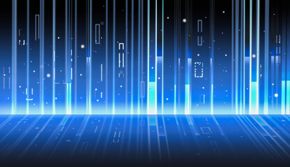 Wall Mural - Blue glowing rectangle lines and light rays on dark background. Big data, science, technology, virtual interactions illustration backdrop
