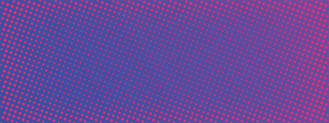 Poster - Pink and purple halftone polka dot gradient background. Doteed pixel texture overlay. Pop Art style backdrop. Cartoon or futuristic moving particle vector points.