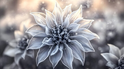 Wall Mural - Frozen icy flowers in winter. Frost-covered wildflowers in winter field on the evening or morning. ai generative