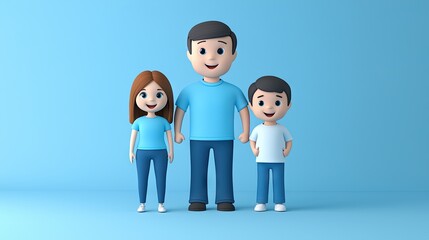 Wall Mural - Happy family portrait; father, daughter, son; blue background; website banner