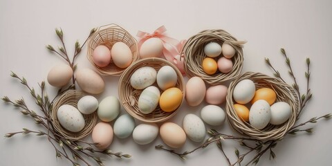 Wall Mural - A collection of eggs are arranged in various baskets, each with a different colored ribbon. The baskets are placed on a white surface, creating a visually appealing display