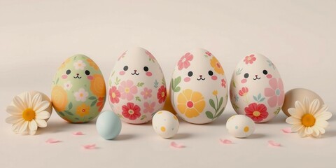 Wall Mural - A row of painted eggs with flowers on them. The eggs are arranged in a row and are surrounded by flowers