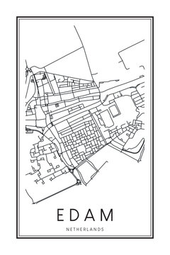 Printable downtown road map poster of the Dutch city of EDAM on solid white background with city name