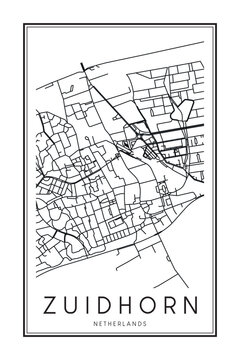 Printable downtown road map poster of the Dutch city of ZUIDHORN on solid white background with city name