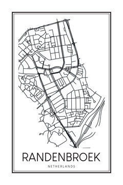 Printable downtown road map poster of the Dutch city of RANDENBROEK on solid white background with city name