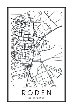 Printable downtown road map poster of the Dutch city of RODEN on solid white background with city name