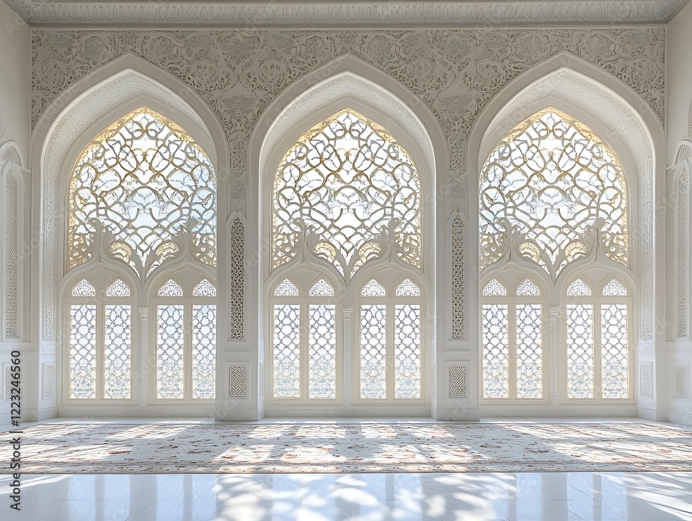 Elegant Islamic architecture with ornate arched windows and sunlight ...