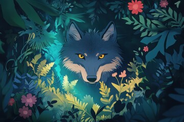 Sticker - Wolf Hidden Among Lush Tropical Foliage