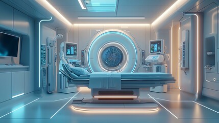Poster - A futuristic hospital operating room, showcasing advanced medical equipment and a sleek, modern design