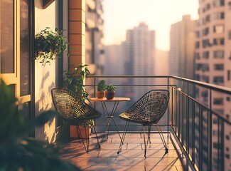 Wall Mural - Small apartment balcony with a cozy seating area, two chairs, a small table, and a potted plant