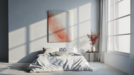 Poster - Serene Minimalist Bedroom with Soft Bedding, Natural Light, Decorative Vase, and Flowers for Modern Interior Decor