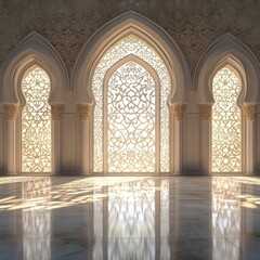 Wall Mural - Sunlit ornate arches, palace interior, marble floor, reflection