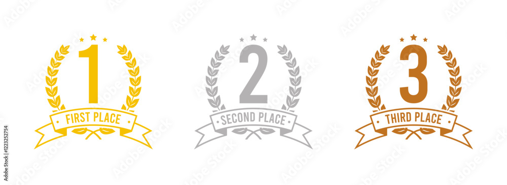 Winning places icons with wreath frame, ribbon and stars. Award symbol ...