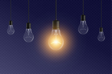 Aufkleber - Realistic hanging light bulbs with one glowing. Many electric extinct light bulbs and one glowing. Concept of idea and choosing successful idea from many failed ones. Vector.