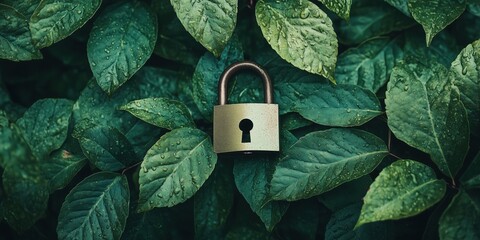 Poster - Padlock nestled among lush green leaves, symbolizing security and nature's beauty, with droplets of water enhancing the serene atmosphere
