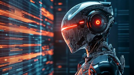 Poster - Futuristic humanoid robot with glowing visor and digital details in high-tech environment