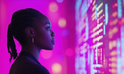 Aufkleber - Woman gazing at vibrant digital display, illuminated colors, technology, innovation, profile view, modern aesthetics, futuristic atmosphere